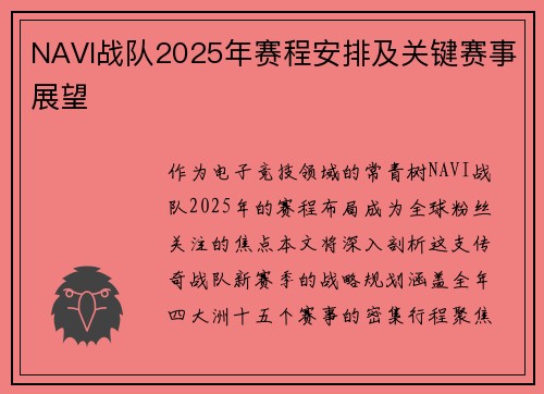 NAVI战队2025年赛程安排及关键赛事展望